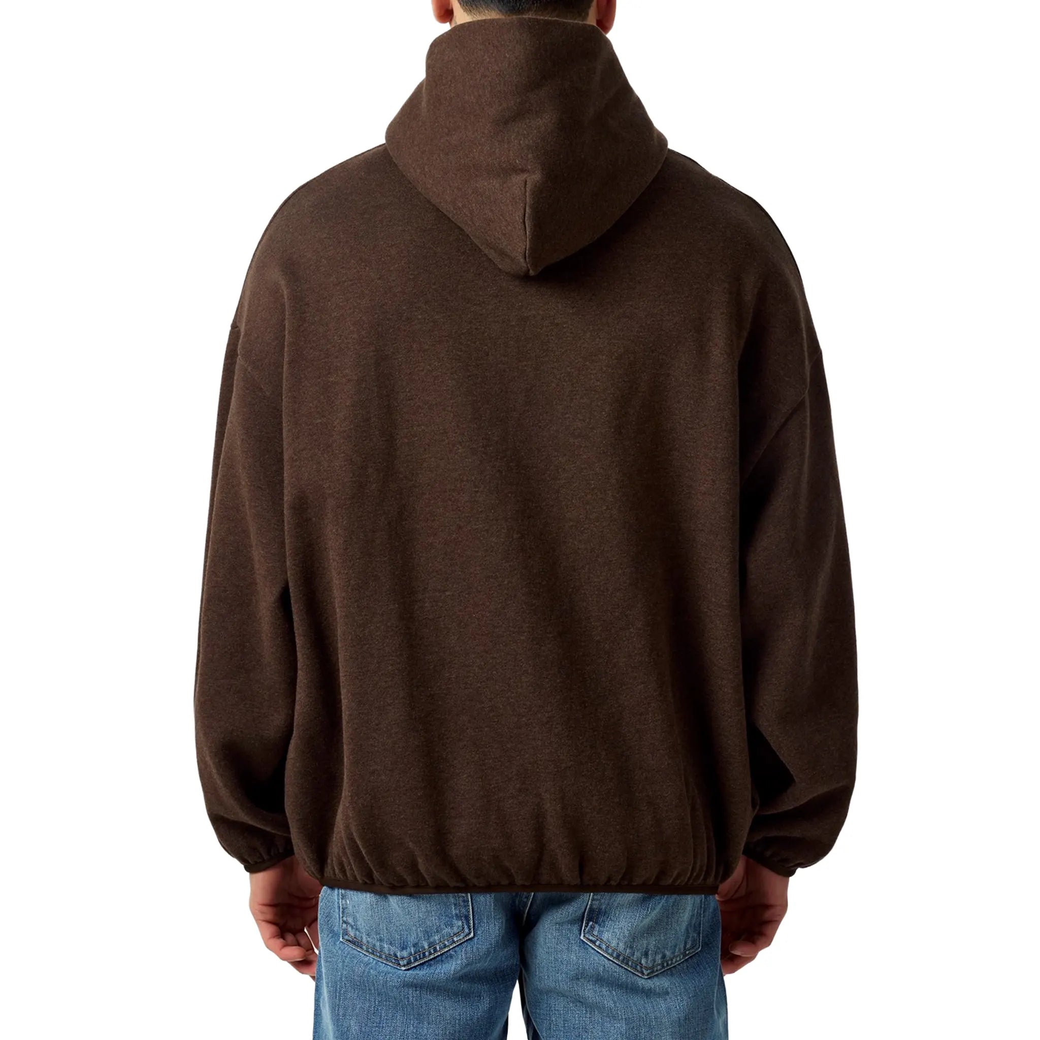 Model Back View of Fear Of God Essentials Core Collection Heather Wood Hoodie (SS24)